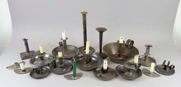 SEVENTEEN TIN CANDLESTICKS AND HOLDERS 19th Century Heights from 1" to 12.5".