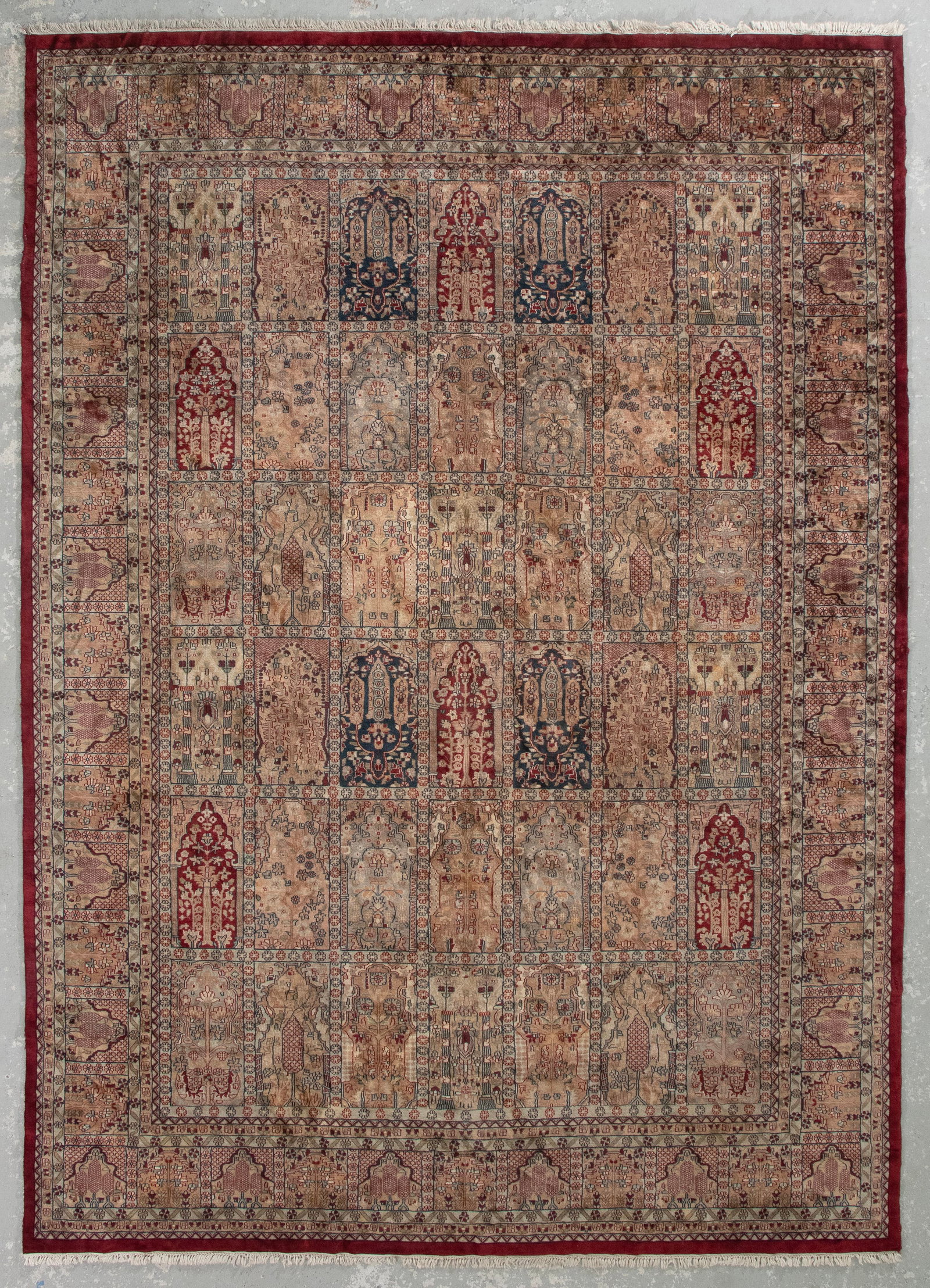 BAKHTIARI GARDEN-DESIGN RUG: 12'4" X 9'0" Late 20th Century: BAKHTIARI GARDEN-DESIGN RUG: 12'4" X 9'0" Late 20th Century Grid pattern of flowering branches, cypress trees, floral medallions, boteh and weeping willows in rich shades of red, blue, gold, pink, gre