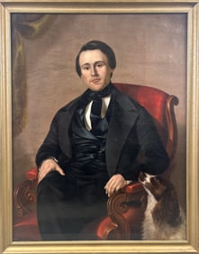 PORTRAIT OF A HANDSOME MAN WITH HIS SPANIEL Late 19th Century Oil on canvas, 44" x 34". Framed 48.5"