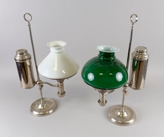 TWO NICKEL PLATED STUDENT LAMPS 19th Century Heights approx. 20.5".