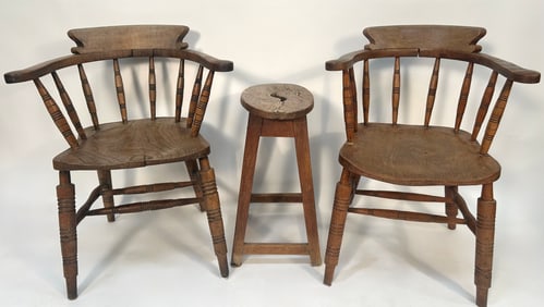 TWO ELMWOOD CAPTAIN'S CHAIRS England, 19th Century Chair back heights 35". Stool height 32".