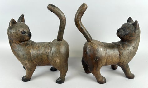PAIR OF FOLK ART CARVED WOOD CATS 20th Century Heights 14". Lengths 10".