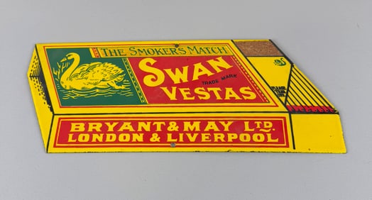 ENAMELED ADVERTISING SIGN FOR SWAN VESTAS MATCHES Early 20th Century 6" x 14.5".