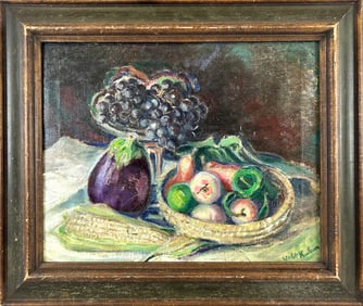 WALTER FRANCIS KUHN (New York/California, 1877-1949), Still life of an eggplant, an ear of corn, and