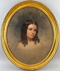 OVAL PORTRAIT OF A YOUNG WOMAN America, Early 20th Century Oil on masonite, 23" x 19.5". Framed