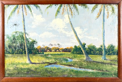 SOUTH AMERICAN SCHOOL (20th Century,), Landscape with palm trees., Oil on canvas, 17.75" x 27".