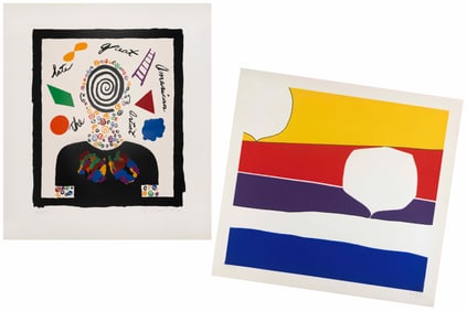 TWO COLOR LITHOGRAPHS 20th Century Sheets 36.5" x 38.25" and 38" x 34". Unframed.