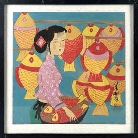 YONGKAI HU (China, 1945-), Girl with fish lanterns., Mixed media on paper, 13.5" x 13.5" sight.