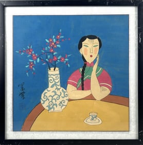 YONGKAI HU (China, 1945-), Girl seated at a table next to a vase of flowers., Mixed media on paper,
