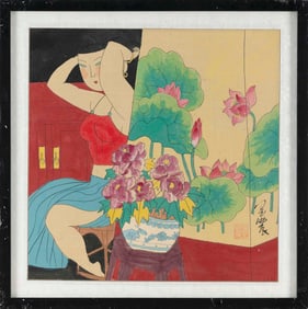 YONGKAI HU (China, 1945-), A lady wearing a red corset seated next to a folding screen and a