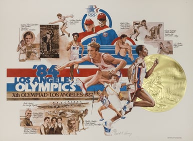 SIGNED 1984 LOS ANGELES SUMMER OLYMPICS POSTER Color lithograph with gold embossing, 25.25" x