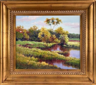 AMERICAN SCHOOL (Contemporary,), Pond landcape., Oil on canvas, 20" x 24". Framed 30.5" x 35".
