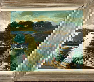 AMERICAN SCHOOL (20th Century,), Boats in a small cove., Oil on canvas, 20" x 24". Framed 27" x 31".