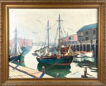 OLIVER E. ALBERTSON (America, Mid-20th Century), Harbor scene., Oil on canvas, 22" x 28". Framed 27"