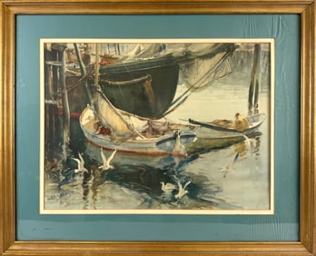 JAMES MILTON SESSIONS (Illinois, 1882-1962), Harbor scene with dories and gulls., Lithograph, 17.5"