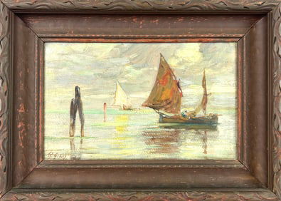 AMERICAN SCHOOL (Late 19th/Early 20th Century,), Fishing boats in a harbor., Oil on board, 7.5" x