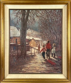 HELEN RAYBURN CASWELL (California, 1923-2018), "Sled Time"., Oil on canvas, 20" x 24". Framed 31" x