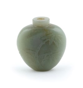 RELIEF-CARVED CELADON JADE SNUFF BOTTLE Late 19th Century Height 2".
