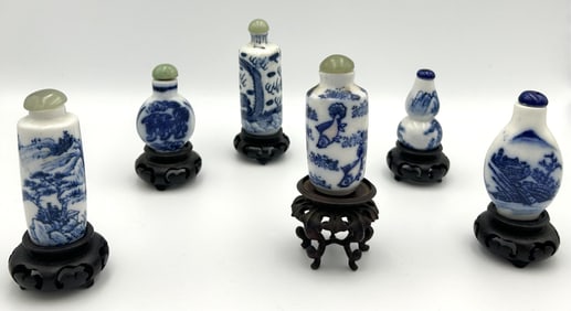 SIX BLUE AND WHITE PORCELAIN SNUFF BOTTLES 19th/20th Century Heights from 2" to 3". Includes