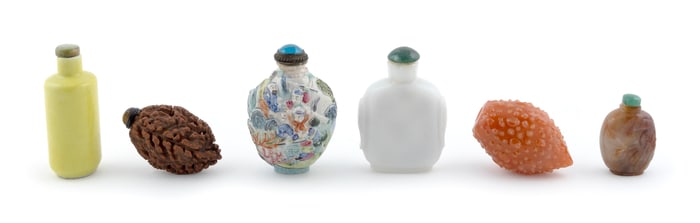 SIX SNUFF BOTTLES 19th/20th Century Heights from 2" to 2.75".