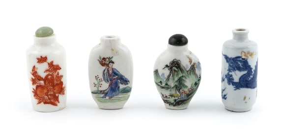FOUR PORCELAIN SNUFF BOTTLES 19th/20th Century Heights from 2.25" to 2.5".