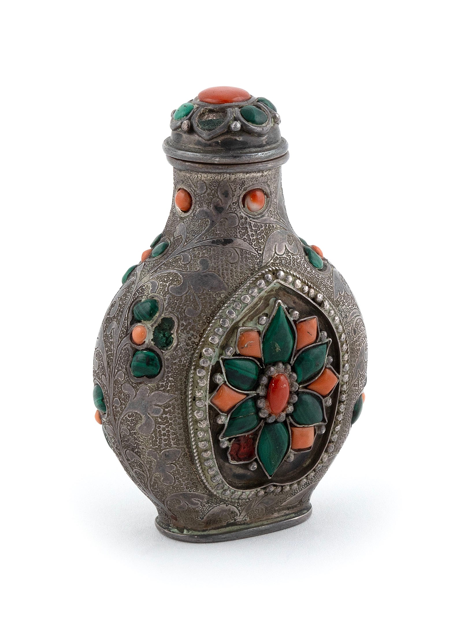 MONGOLIAN SILVER METAL SNUFF BOTTLE Early 20th Century Height 3". (1 of 4)