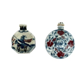 TWO BLUE, RED AND WHITE PORCELAIN SNUFF BOTTLES 19th Century