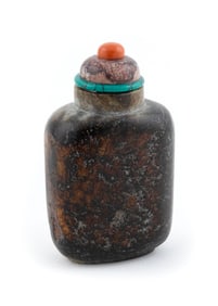 MOTTLED GREEN AND BROWN JADE SNUFF BOTTLE Early 20th Century Height 3".