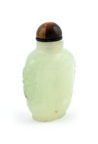 CARVED CELADON JADE SNUFF BOTTLE Late 19th Century Height 2.5".