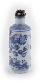 OVERSIZED BLUE AND WHITE PORCELAIN SNUFF BOTTLE Late 19th/Early 20th Century Height 3.5".