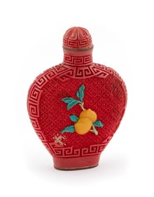 CARVED CINNABAR SNUFF BOTTLE Early 20th Century Height 3".