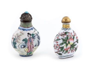 TWO FAMILLE ROSE ENAMEL SNUFF BOTTLES Late 19th/Early 20th Century Heights approx. 2".