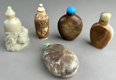FIVE SNUFF BOTTLES 19th/20th Century Heights from 2.5" to 3".