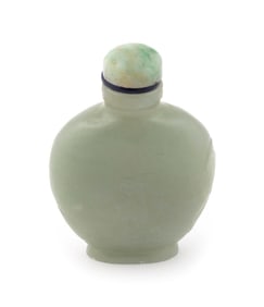 CARVED CELADON JADE SNUFF BOTTLE Late 19th Century Height 2.5".