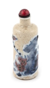 BLUE AND RED GLAZE ON CREAM CRACKLEWARE PORCELAIN SNUFF BOTTLE 19th Century Height 3".
