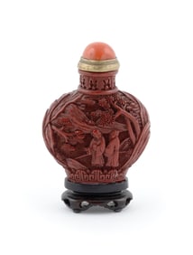 CARVED CINNABAR SNUFF BOTTLE Late 19th Century Height 2.25".