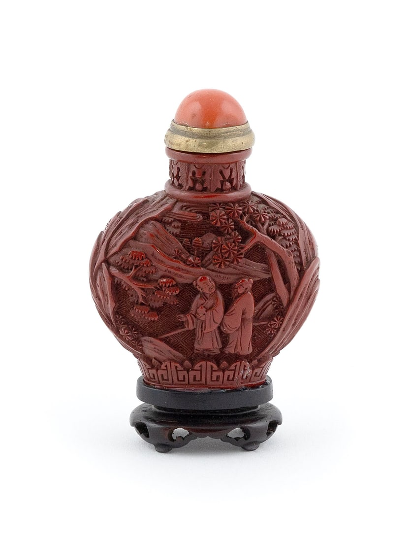 CARVED CINNABAR SNUFF BOTTLE Late 19th Century Height 2.25". (1 of 4)