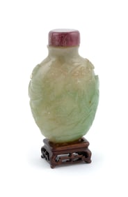 CARVED CELADON/YELLOW JADE SNUFF BOTTLE 19th Century Height 2.5".