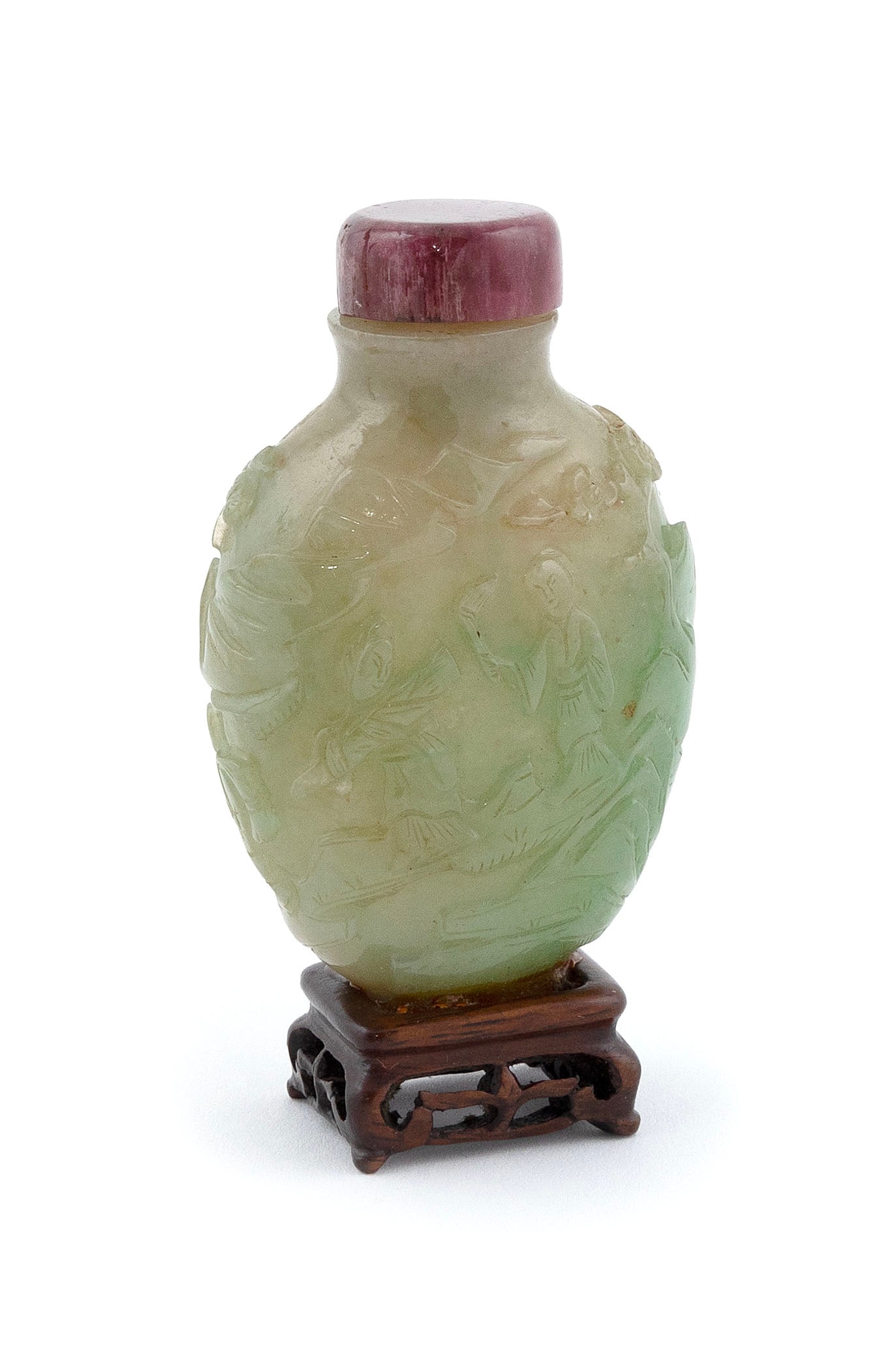 CARVED CELADON/YELLOW JADE SNUFF BOTTLE 19th Century Height 2.5". (1 of 6)