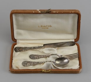 CASED A. STOWELL STERLING SILVER FORK, KNIFE AND SPOON Boston, Late 19th Century Knife 7.5". Fork