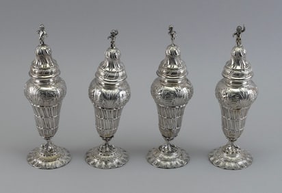 FOUR ORNATE .800 SILVER SALT AND PEPPER SHAKERS Germany, Mid- to Late 19th Century Approx. 23.6 troy
