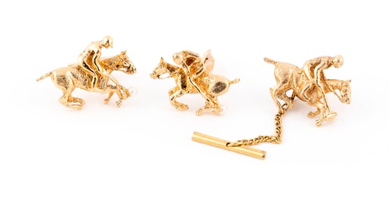 14KT YELLOW GOLD AND CULTURED PEARL CUFFLINK AND TIE TACK SET Approx. 11.70 total dwt.