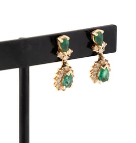 PAIR OF 14KT YELLOW GOLD, EMERALD AND DIAMOND DROP EARRINGS Approx. 2.05 total dwt.