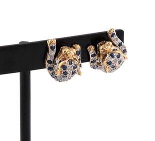 PAIR OF 14KT YELLOW AND WHITE GOLD, DIAMOND, SAPPHIRE AND RUBY LEOPARD EARRINGS Approx. 4.37 total