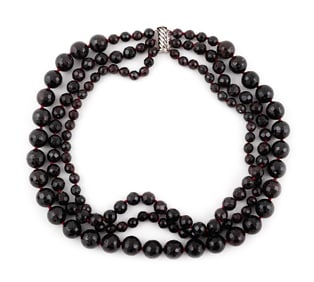 STERLING SILVER AND FACETED GARNET TRIPLE-STRAND NECKLACE
