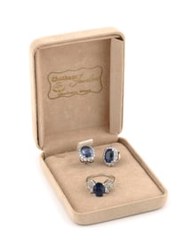 14KT WHITE GOLD, SAPPHIRE AND DIAMOND RING AND EARRING SET Approx. 5.98 total dwt.