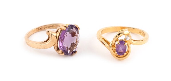 TWO 10KT YELLOW GOLD AND AMETHYST RINGS Approx. 3.98 total dwt.