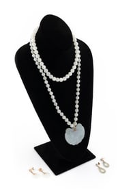 TWO JADE NECKLACES AND TWO PAIRS OF JADE EARRINGS
