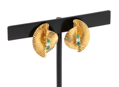 PAIR OF 18KT YELLOW GOLD, DIAMOND AND EMERALD EARRINGS Approx. 5.27 total dwt.