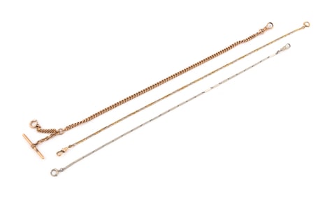THREE GOLD POCKET WATCH CHAINS 18kt approx. 6.88 total dwt., 14kt approx. 25.33 total dwt.